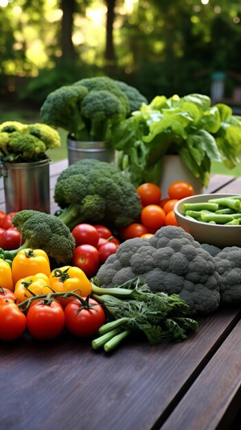 Duży wybór zdrowych, świeżych, ekologicznych owoców i warzyw na ciemnym drewnianym stole