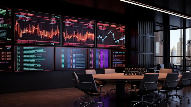 Duży wyświetlacz cyfrowy zamontowany na ścianie z wyświetleniem wykresu giełdy generowanego przez sztuczną inteligencję