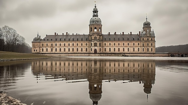 Duży zamek z odbiciem w wodzie