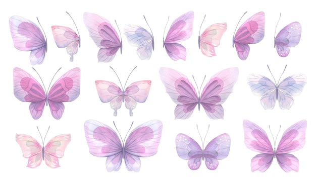 Zdjęcie duży zestaw różowo-fioletowych delikatnych motyli z boku i na górze akwarela ilustracja do projektowania i kompozycji pocztówek zaproszeń na wesele i romantyczne przyjęcia