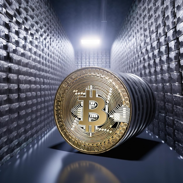 Duży znak bitcoina na środku pokoju pokryty srebrnymi sztabkami Koncepcja waluty Crypto Generative AI