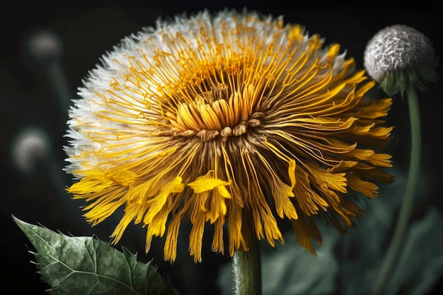 Duży żółty kwiat mniszka lekarskiego z nasionami w naturze generatywnej ai