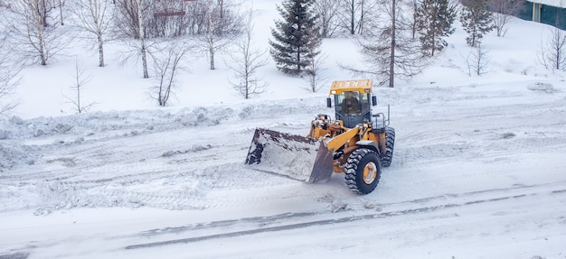 Duży żółty Traktor Usuwa śnieg Z Drogi I ładuje Go Do Ciężarówki. Czyszczenie I Czyszczenie Dróg W Mieście Ze śniegu Zimą