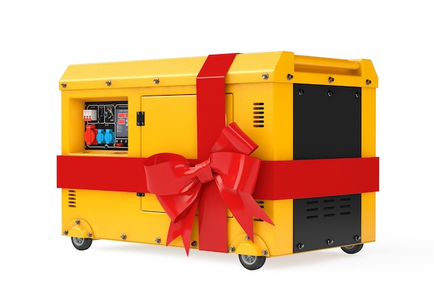 Duży żółty zewnętrzny pomocniczy generator energii elektrycznej Jednostka wysokoprężna do użytku awaryjnego z czerwoną wstążką prezentową i kokardą Renderowanie 3d