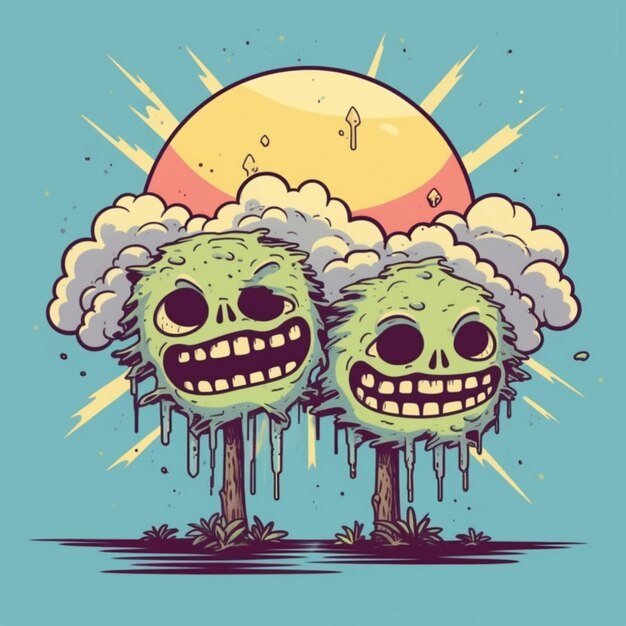 Zdjęcie dwa animowane zombie z chmurami i słońcem w tle generatywne ai