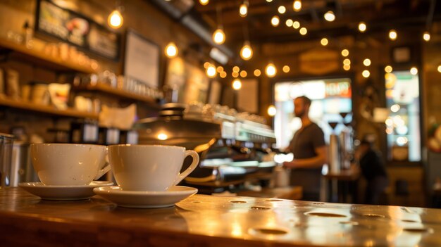 Dwa białe filiżanki kawy na drewnianym stole w przytulnej atmosferze kawiarni