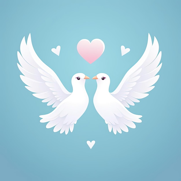 dwa białe gołębie z sercami w kształcie na niebieskim tle