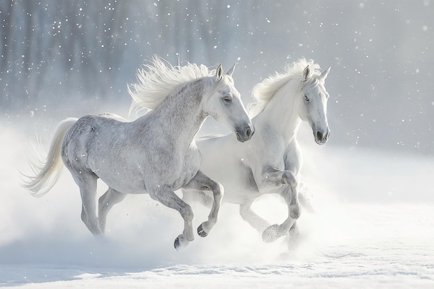 Dwa białe konie galopują razem na pokrytym śniegiem polu na tle zimowego lasu