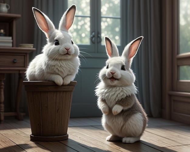 Dwa białe króliki w przytulnym pokoju
