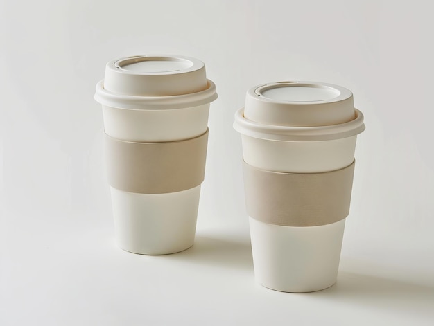 Dwa białe kubki kawy z pokrywkami na białej powierzchni