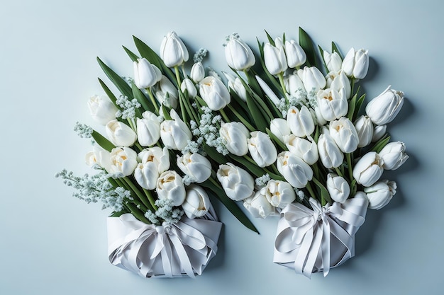 Dwa białe tulipany są na niebieskim tle.