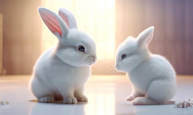Dwa białe uszy królików siedzą obok siebie.