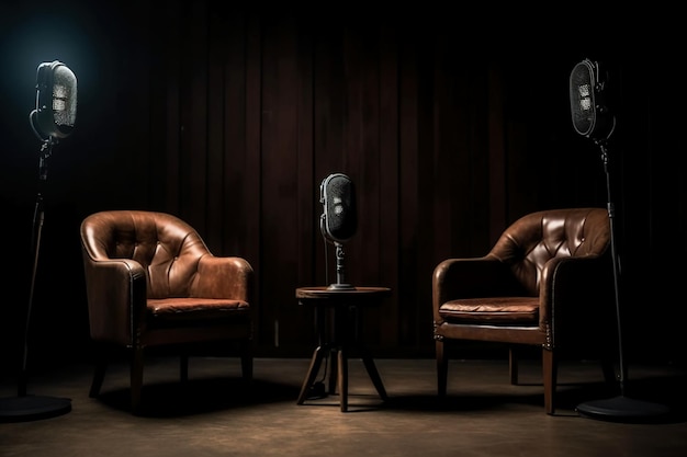 Dwa brązowe skórzane krzesła stoją w ciemnym pokoju z głośnikiem na stole.
