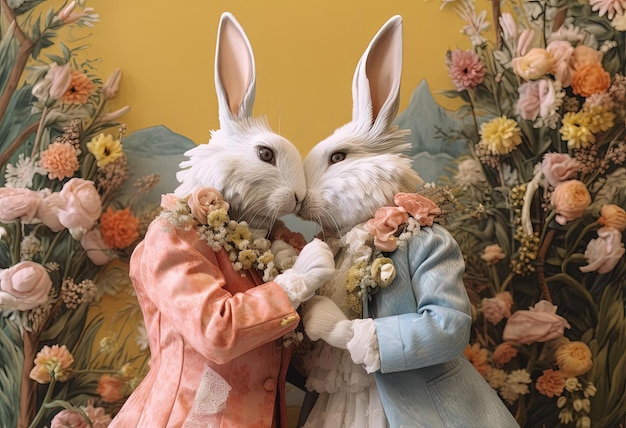 dwa całujące się króliczki w stylu antropomorficznego surrealizmu