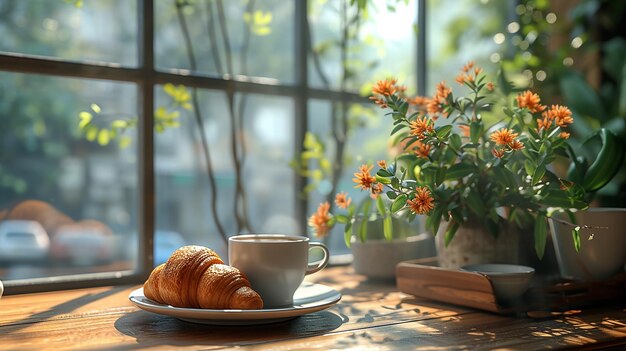 Dwa croissanty, filiżanka kawy, dwie rośliny w garnkach na oknie, poranne światło, miękkie, lekkie śniadanie.