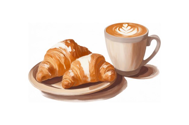 Zdjęcie dwa croissanty i filiżanka kawy latte, akrylowy obraz.