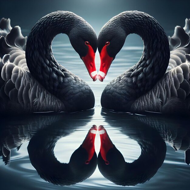 Zdjęcie dwa czarne łabędzie z czerwonym dziobem spotykają się razem w stawie