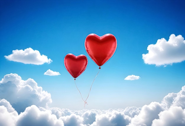 Dwa czerwone balony z sercem pływające na niebie z chmurami