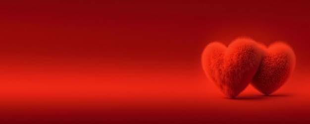 Zdjęcie dwa czerwone futrzane i romantyczne serca na czerwonym tle z miejsca na kopię