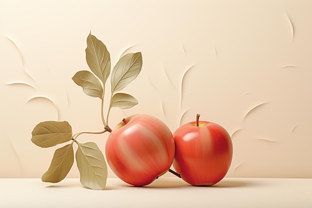 Dwa czerwone jabłka z liśćmi na beżowym tle 3D