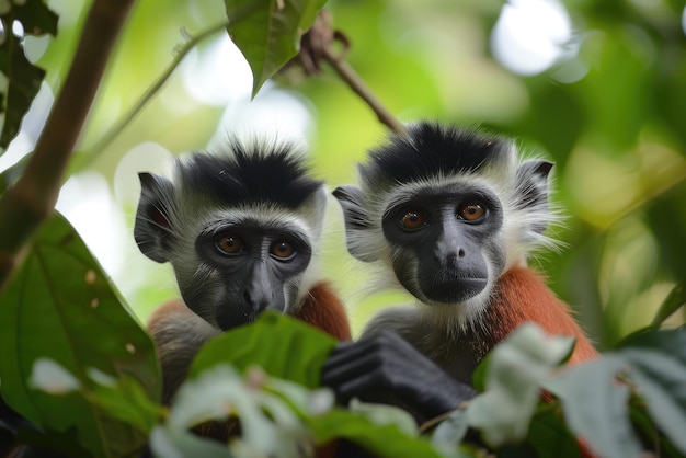 Dwa czerwone kolobusy Procolobus badius kirkii siedzące