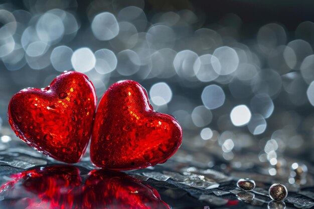 Zdjęcie dwa czerwone serca na błyszczącym tle koncepcja dnia walentynek generatywna sztuczna inteligencja