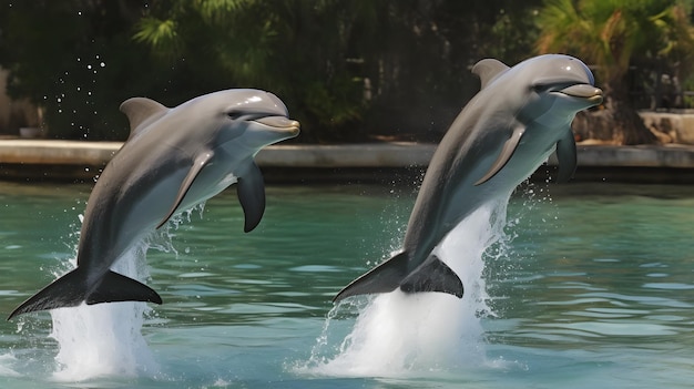 dwa delfiny skaczące w wodzie