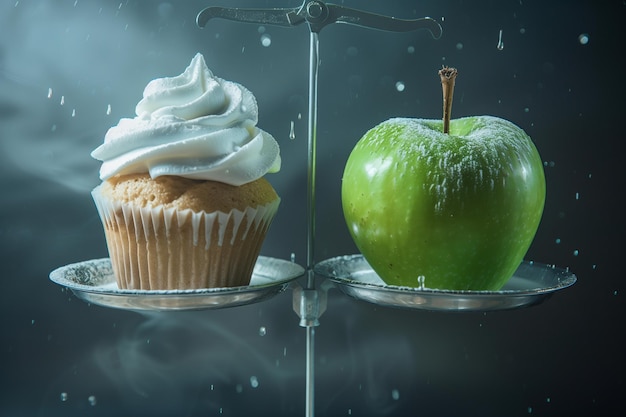 Dwa desery, ciasto i jabłko są umieszczone na skali.