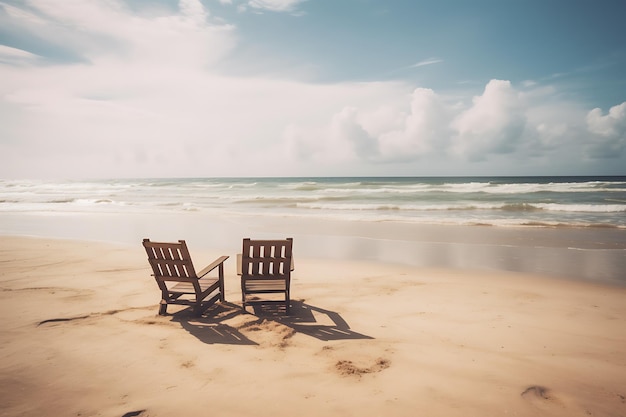 Dwa drewniane krzesła na oceanie Ai Generative
