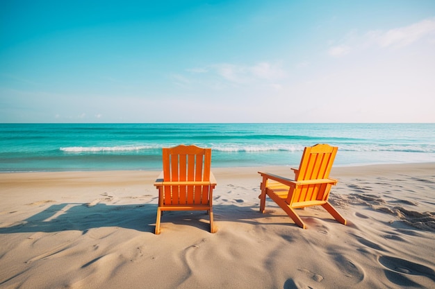 Dwa drewniane krzesła na tropikalnej plaży z błękitnym niebem w tle vintage ton