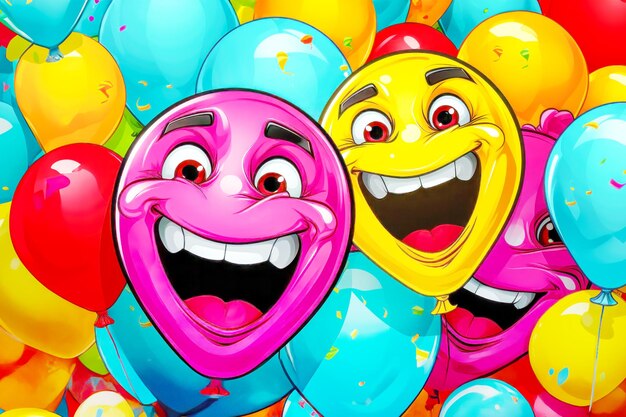 Dwa duże balony heliowe emoji z twarzami jeden różowy i jeden żółty pośród morza kolorowych balonów