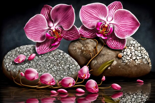 Dwa duże różowe kwiaty orchidei z dekoracjami i kamieniami