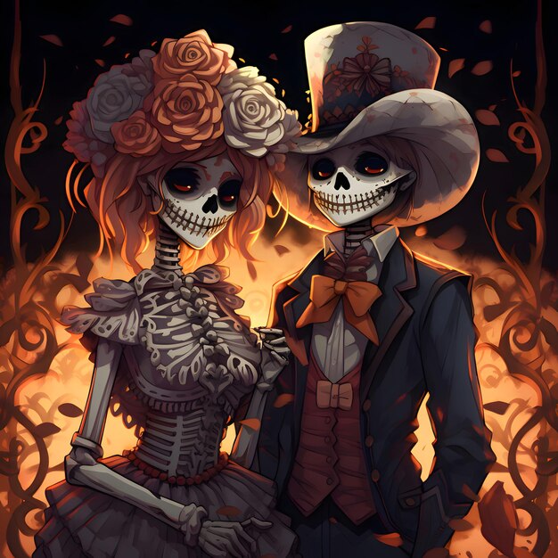 Dwa elegancko ubrane szkielety Na dzień zmarłych i Halloween