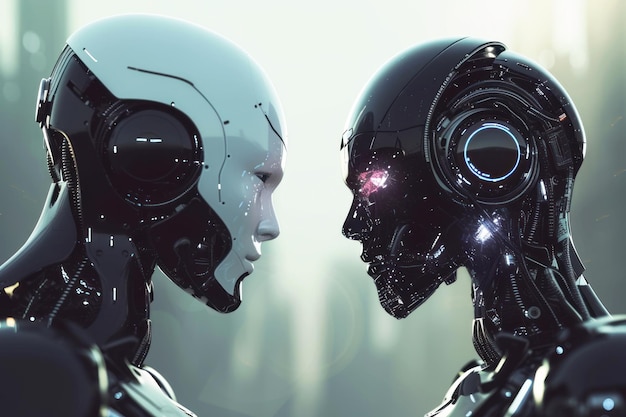 Dwa futurystyczne przeciwstawne roboty sztucznej inteligencji Bitwa dobrego i złego robota sztucznej intelligencji
