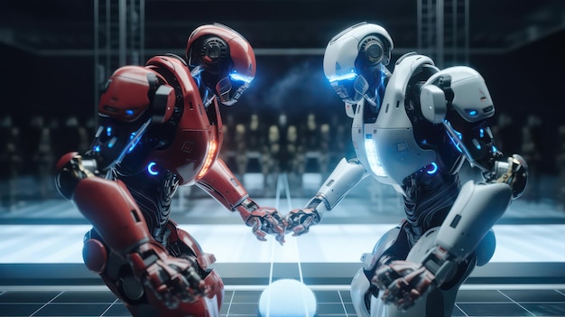 Dwa futurystyczne roboty przed meczem w kolorze niebieskim i czerwonym Generative AI
