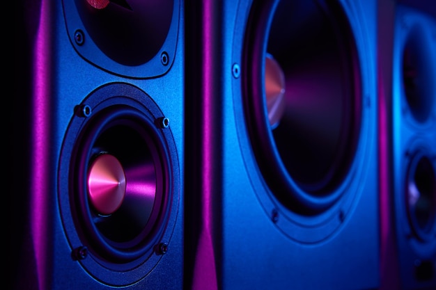 Dwa Głośniki I Subwoofer Na Ciemnym Tle Z Neonami