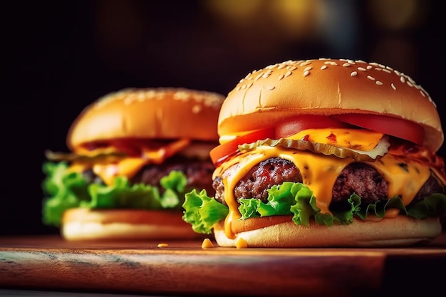 Dwa hamburgery na drewnianej desce z napisem burger na boku