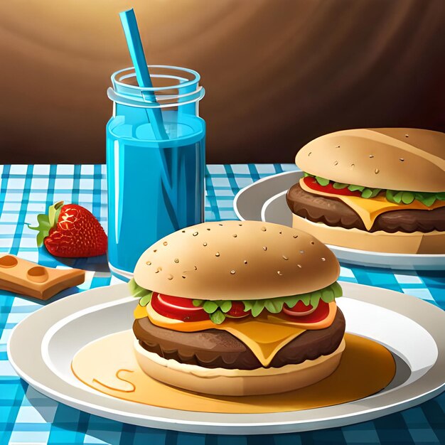 Dwa hamburgery na stole z niebieską szklanką mleka i słomką.