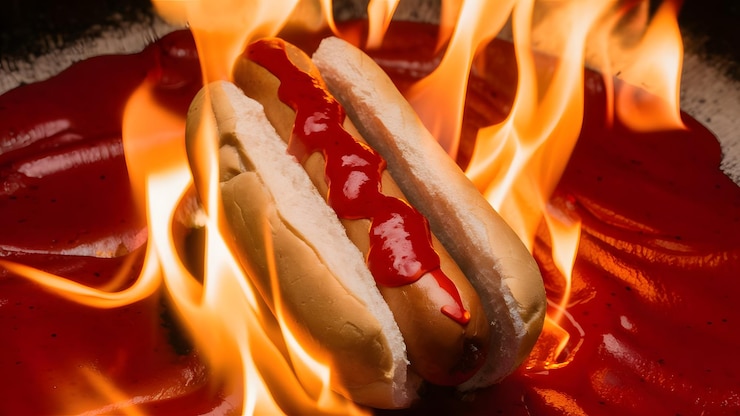 Zdjęcie dwa hot-dogi z ketchupem na nich i jeden z drugą połową drugiego