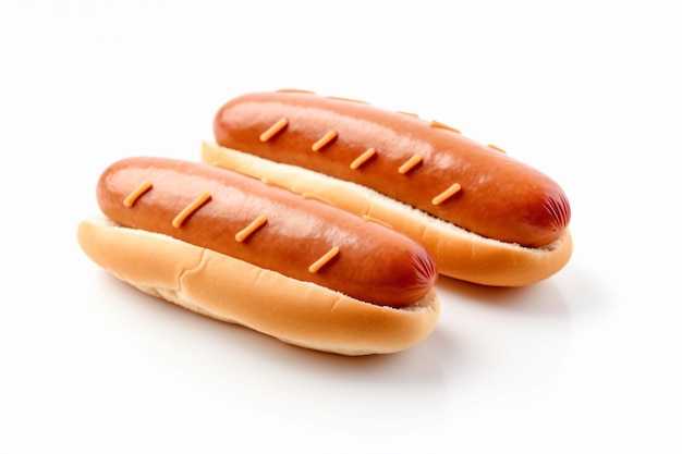 dwa hot dogi z musztardą na białej powierzchni