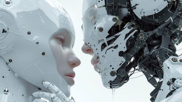 Dwa humanoidalne roboty AI razem twarze futurystycznych cyborgów Koncepcja technologii sztuczna inteligencja emocje przyszły związek para miłosna