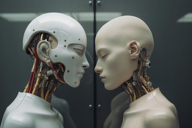 Dwa humanoidalne roboty z mechanizmem otwartych drutów na szyi mają ludzkie prawdziwe uczucia generujące sztuczną inteligencję