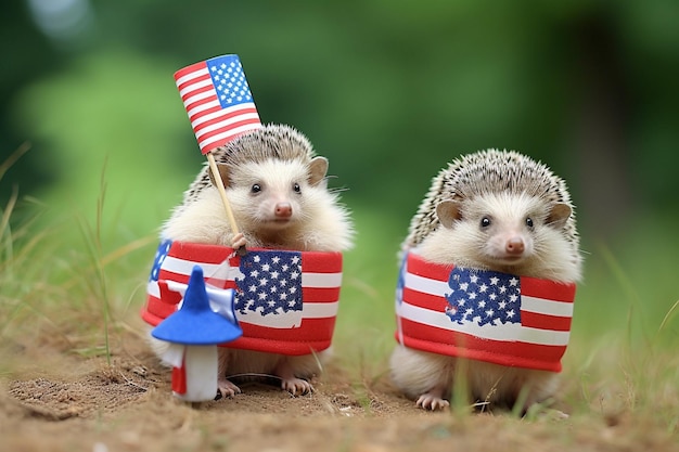 Dwa jeże w patriotycznych strojach trzymają amerykańską flagę