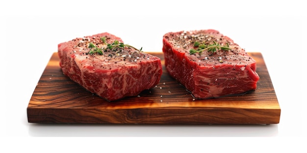 Dwa kawałki mięsa na drewnianej desce do cięcia Mięso przyprawione pieprzem i ziołami Koncepcja świeżości i naturalności