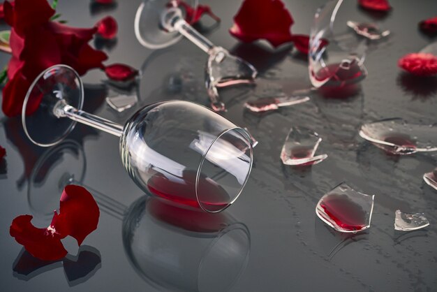Dwa kieliszki czerwonego wina, upadłe i rozbite, leżą na szklanym stole z fragmentami szkła i płatkami świeżych czerwonych róż