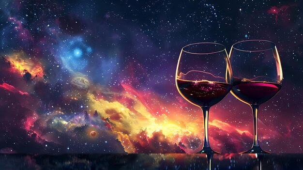 Dwa kieliszki czerwonego wina z pięknym kosmicznym tłem.