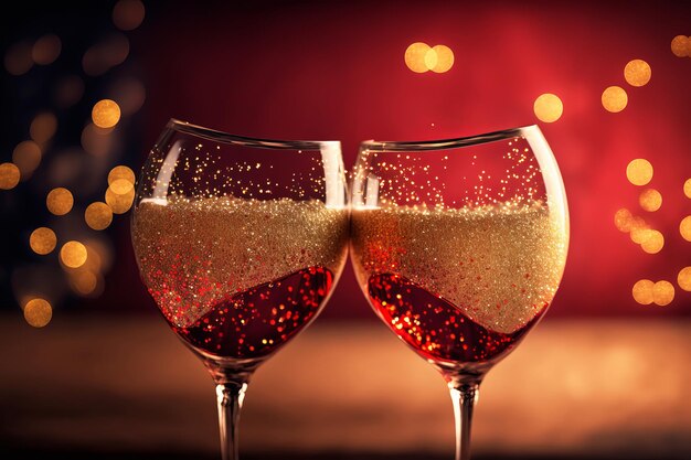 Dwa kieliszki do szampana na romantycznym tle złotego bokeh Ilustracja generatywna AI