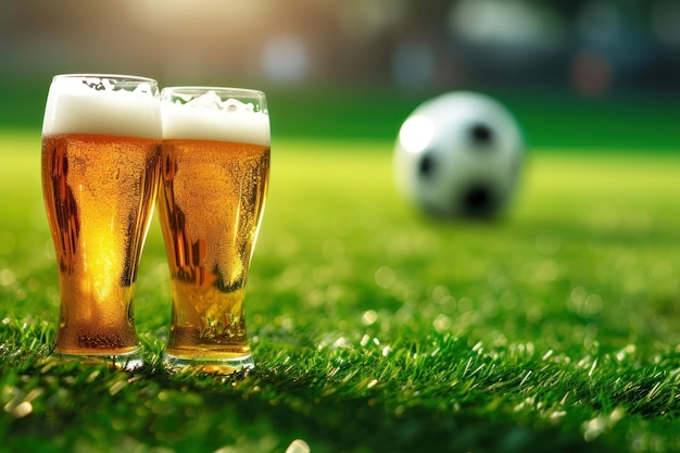 Dwa kieliszki piwa stojące na trawie z piłką