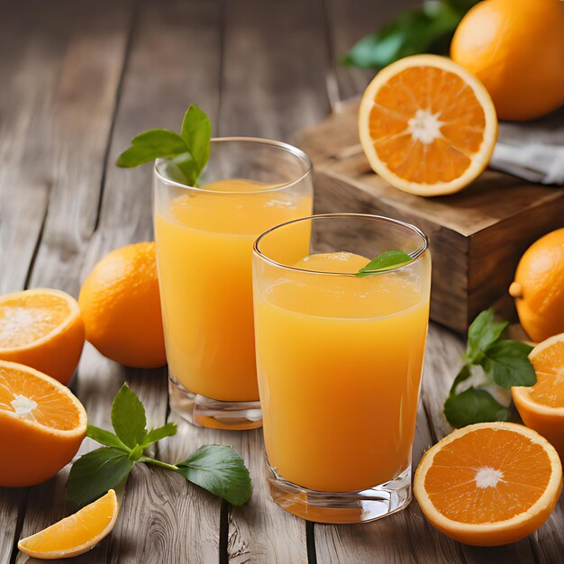 dwa kieliszki soku pomarańczowego siedzą na drewnianym stole