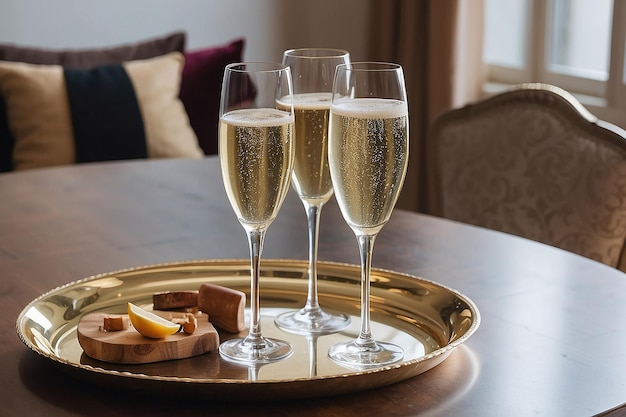 Zdjęcie dwa kieliszki szampana i dwa kieliszki na stole.